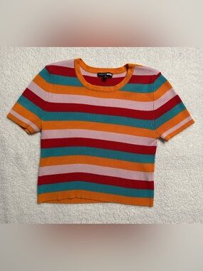 Medium Fashion Nova Orange Pink Red Teal Striped Ribbed Crop Top, Like New